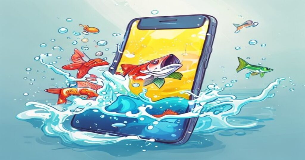 Stylized illustration of a smartphone with cartoon fish splashing out of the screen