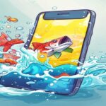 Stylized illustration of a smartphone with cartoon fish splashing out of the screen