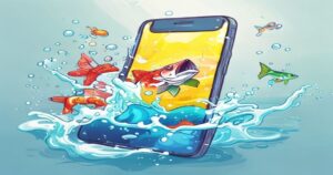 Stylized illustration of a smartphone with cartoon fish splashing out of the screen