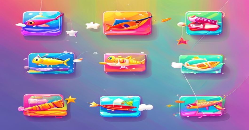 Collage of cartoon mobile fishing game app icons in vibrant colors