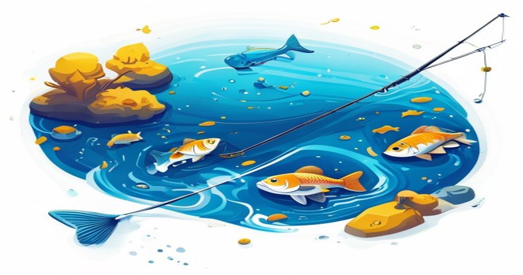 Isometric illustration showing the core fishing game gameplay loop with rod, line, and fish