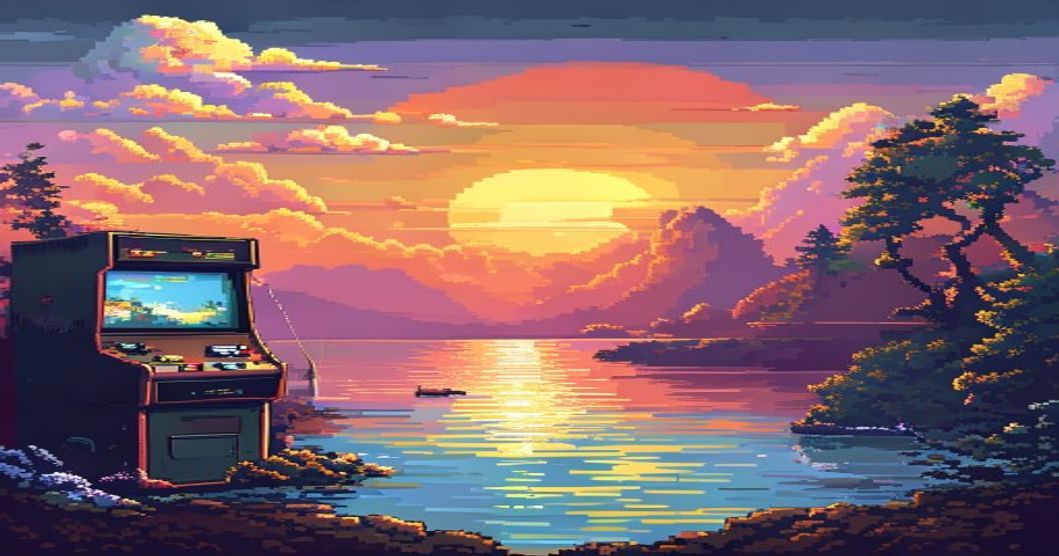 Retro pixel art timeline showing the evolution of fishing video games from arcade era to modern mobile