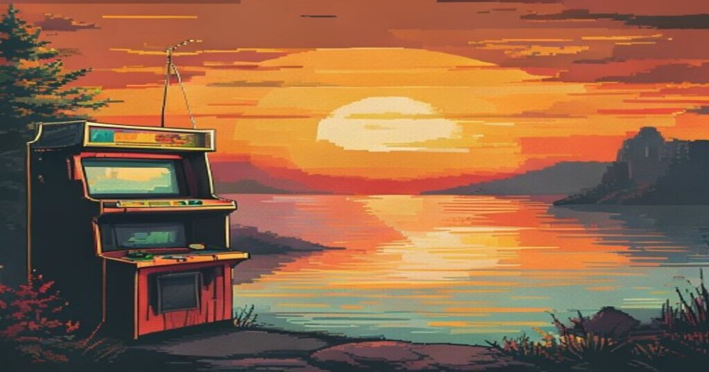 Retro pixel-art arcade cabinet next to a lake at sunset, evoking the early days of fishing video games