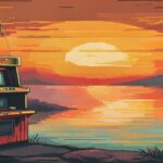 Retro pixel-art arcade cabinet next to a lake at sunset, evoking the early days of fishing video games
