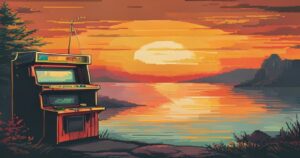 Retro pixel-art arcade cabinet next to a lake at sunset, evoking the early days of fishing video games