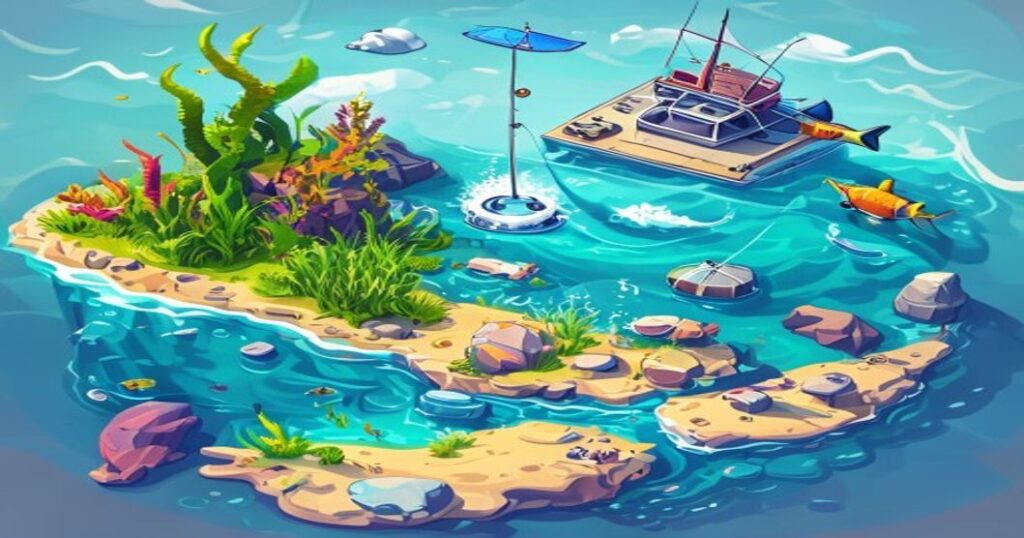 Isometric cartoon illustration of a fishing game scene with island, boat, and underwater elements