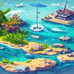 Isometric cartoon illustration of a fishing game scene with island, boat, and underwater elements