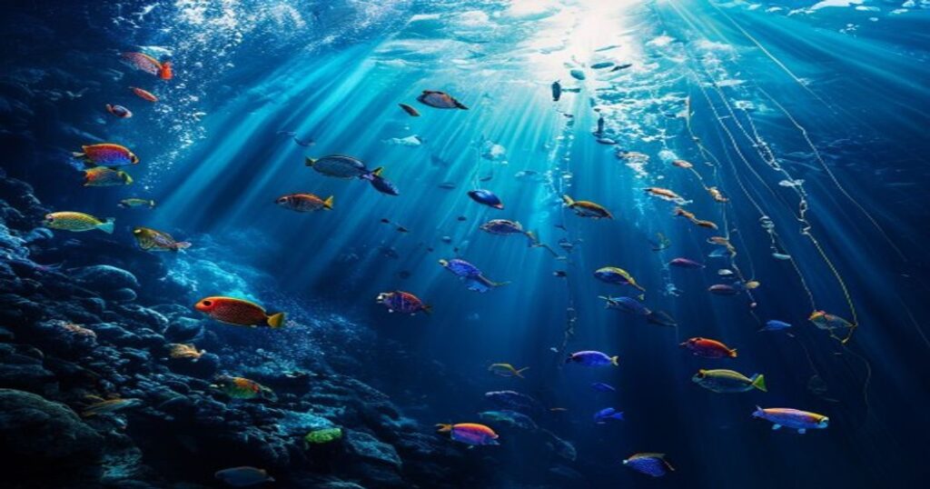 Cinematic underwater scene with colorful fish swimming around a fishing line in deep blue water