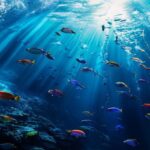 Cinematic underwater scene with colorful fish swimming around a fishing line in deep blue water